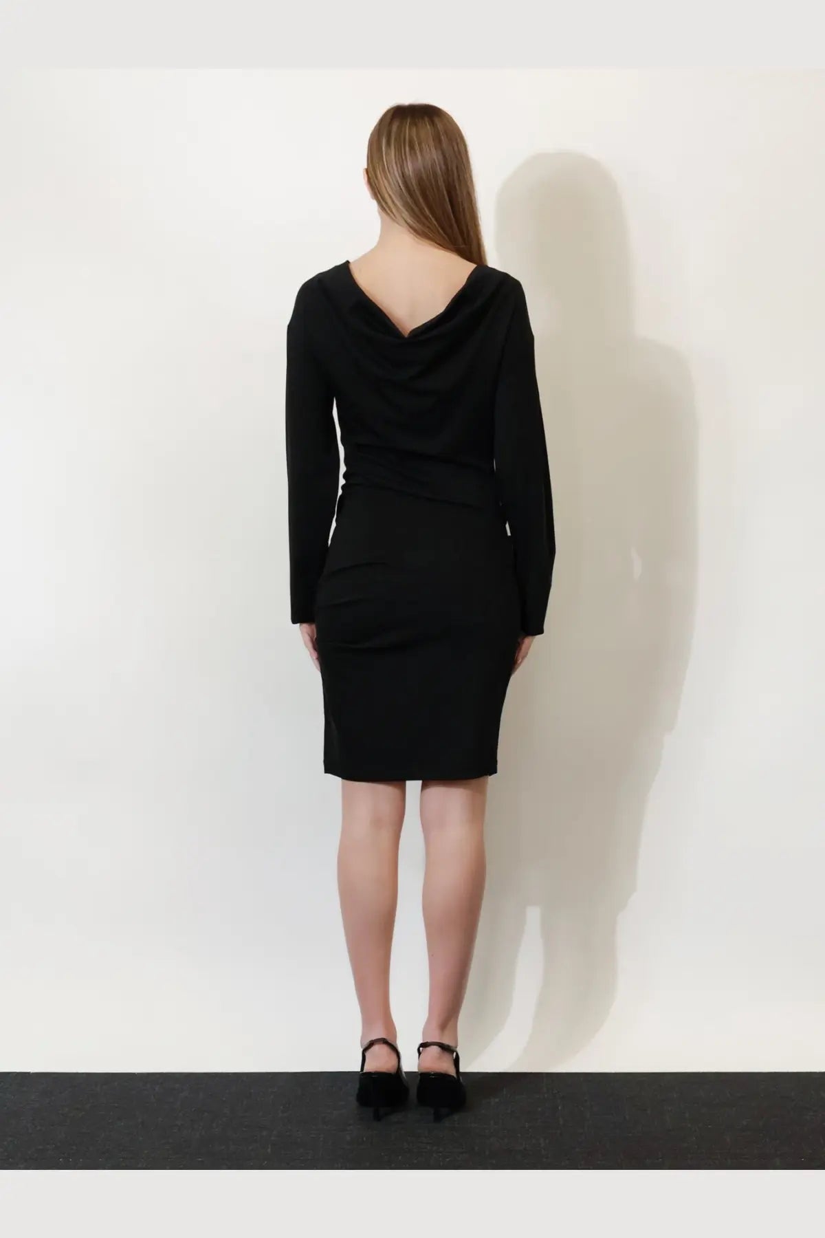 Max Mara women’s mxpumido black fitted dress with long sleeves and draped cowl neckline in virgin wool