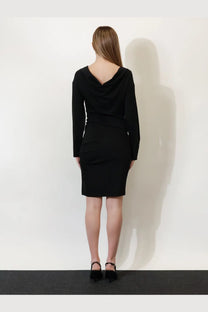 Max Mara women’s mxpumido black fitted dress with long sleeves and draped cowl neckline in virgin wool