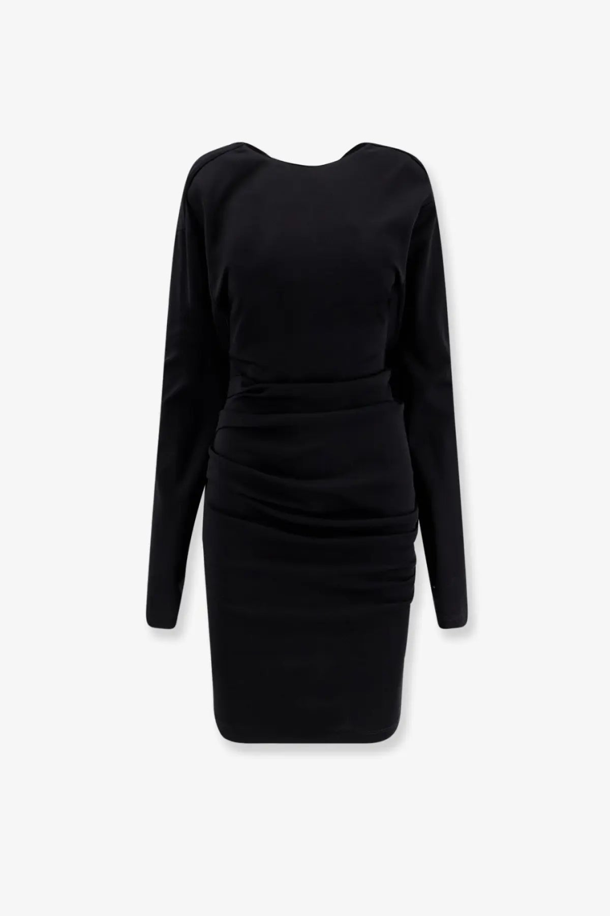 Max Mara women’s mxpumido sleek black long-sleeved bodycon virgin wool dress with ruched waist and rounded neckline