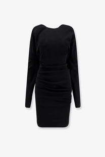 Max Mara women’s mxpumido sleek black long-sleeved bodycon virgin wool dress with ruched waist and rounded neckline