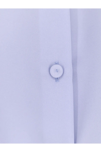 A crisp white button with a subtle texture sewn on light blue silk fabric of max mara mxpvoliera stretch shirt