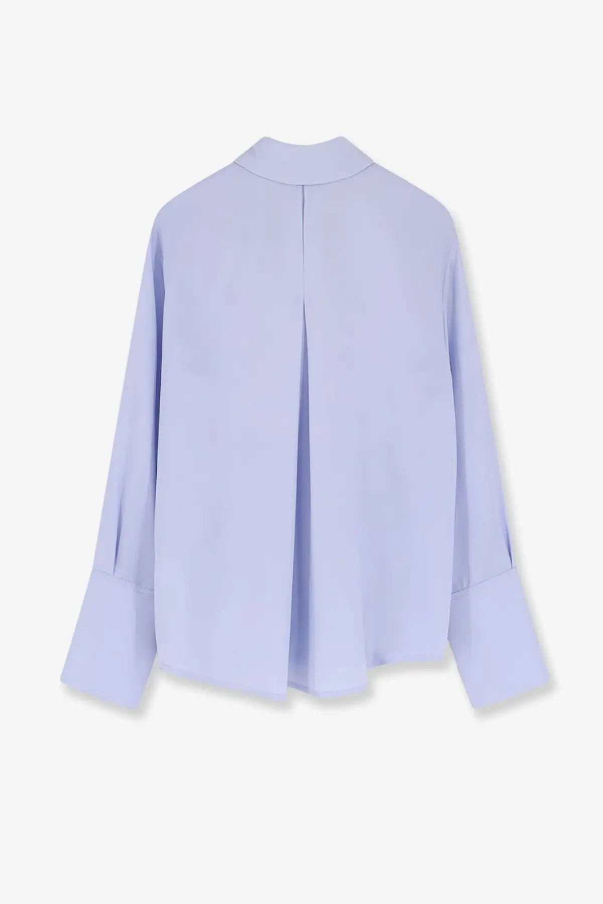 Max Mara women’s mxpvoliera stretch silk shirt in soft lavender with a back pleat and flared long sleeves