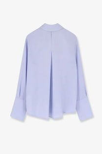 Max Mara women’s mxpvoliera stretch silk shirt in soft lavender with a back pleat and flared long sleeves