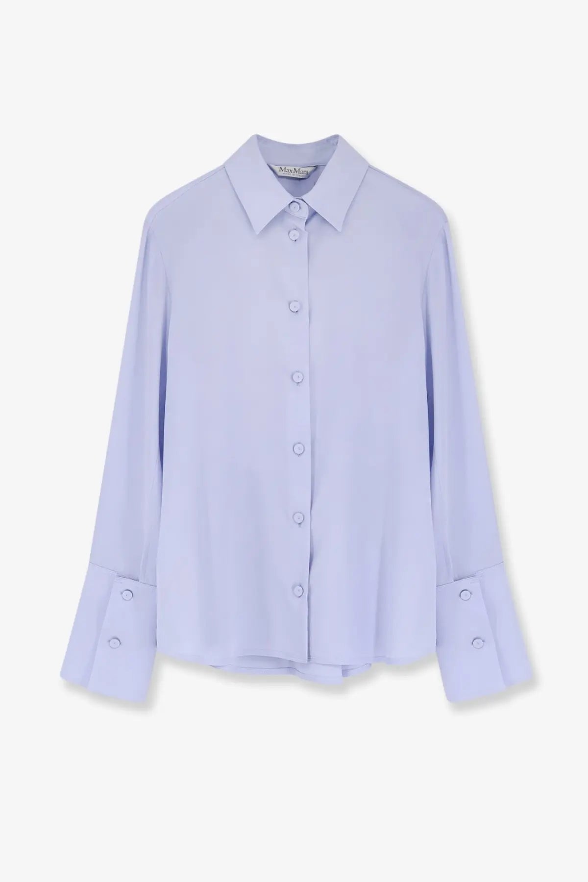 Max Mara women’s mxpvoliera stretch silk shirt blue is a soft lavender blouse with a classic collar and button-down front