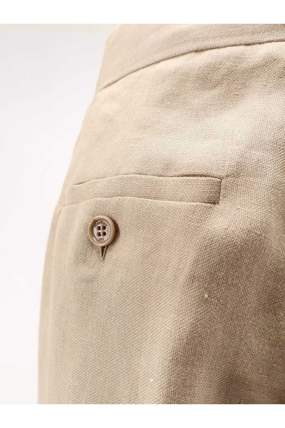 Max Mara women’s mxsbig beige linen trousers with subtle woven texture and matching beige button on front pocket