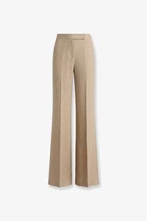 Max Mara women’s Mxsbig beige linen wide-leg trousers with sleek tailored fit and clean vertical seams