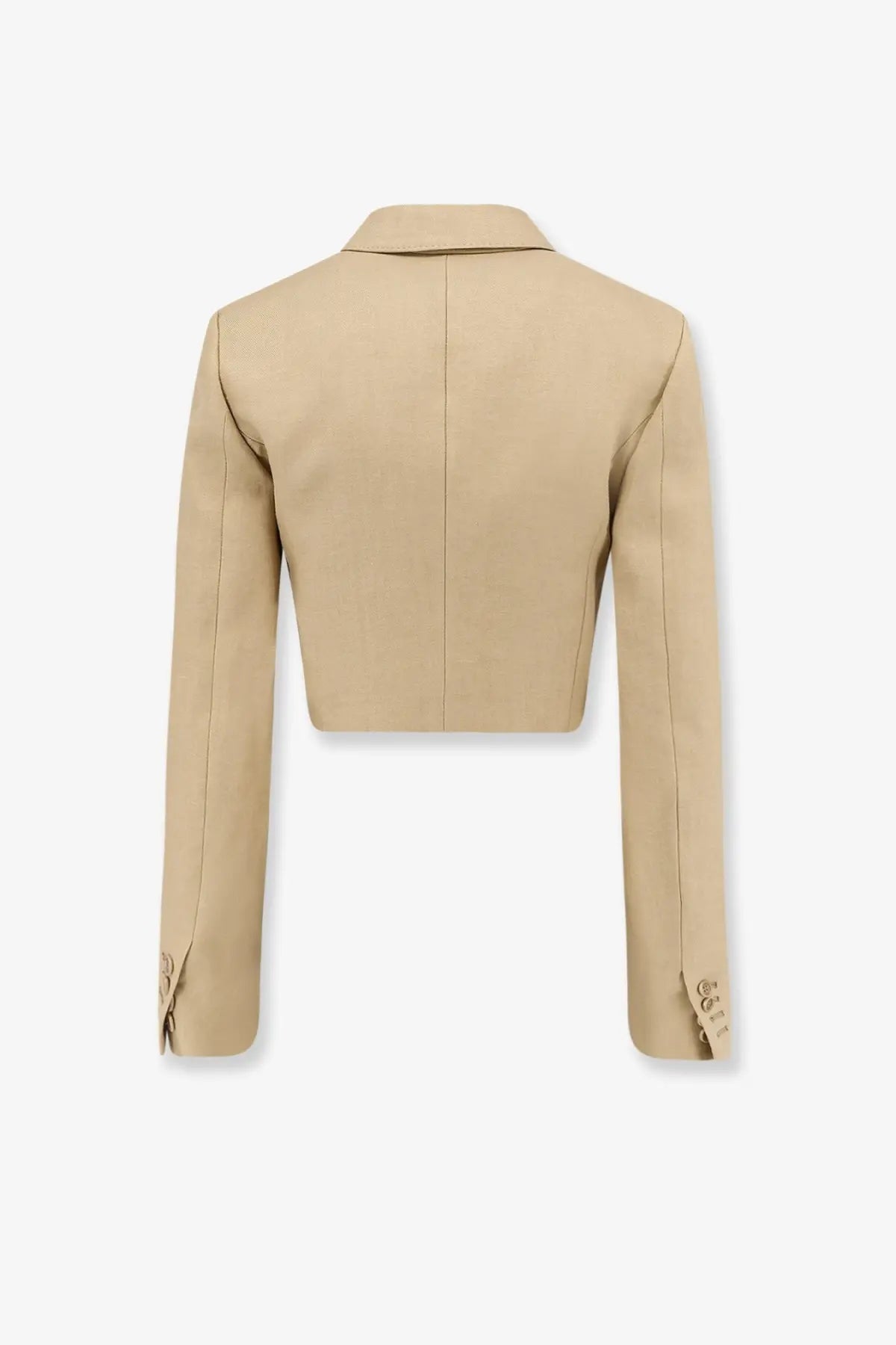 Beige linen cropped blazer with long sleeves and structured back for women by Max Mara shown from the back side