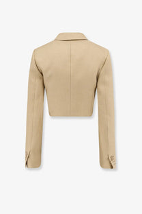 Beige linen cropped blazer with long sleeves and structured back for women by Max Mara shown from the back side