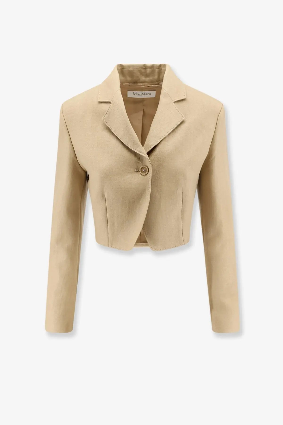 Beige linen cropped blazer with single button closure and structured shoulders from Max Mara women’s collection