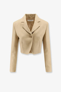 Beige linen cropped blazer with single button closure and structured shoulders from Max Mara women’s collection