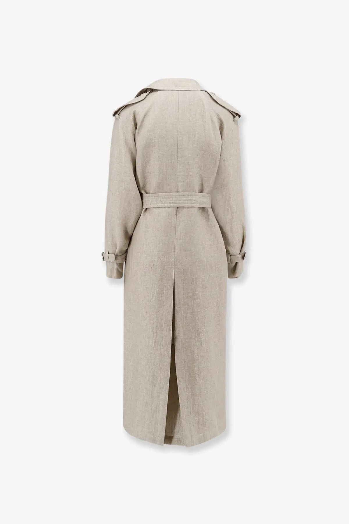 Max Mara women’s mxspedaggi beige linen trench coat with belted waist and structured shoulders in front view