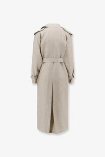 Max Mara women’s mxspedaggi beige linen trench coat with belted waist and structured shoulders in front view