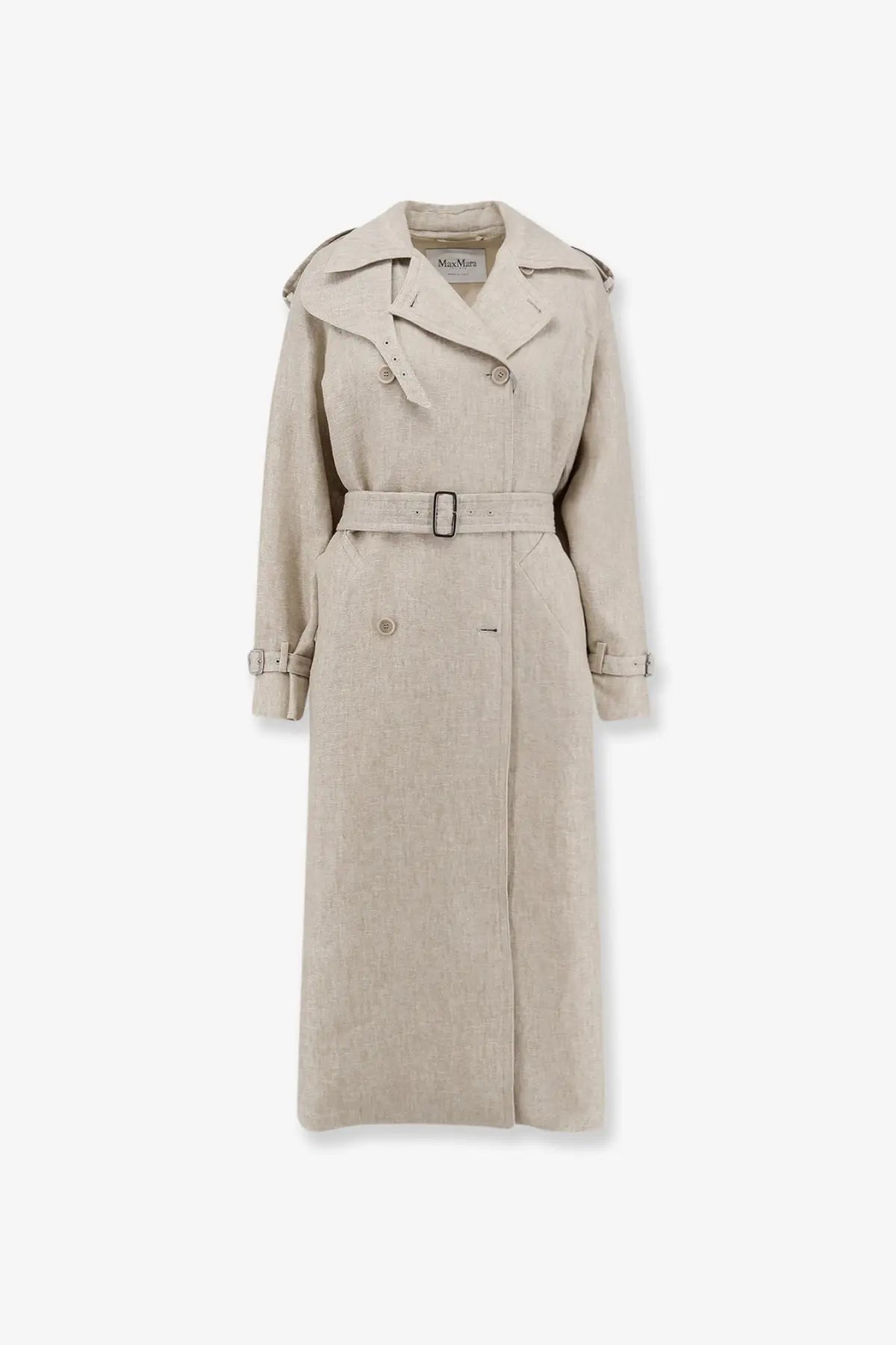 Beige linen trench coat with belted waist and double-breasted front from Max Mara women’s mxspedaggi line