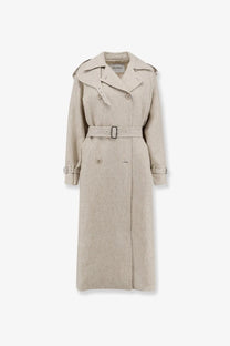 Beige linen trench coat with belted waist and double-breasted front from Max Mara women’s mxspedaggi line