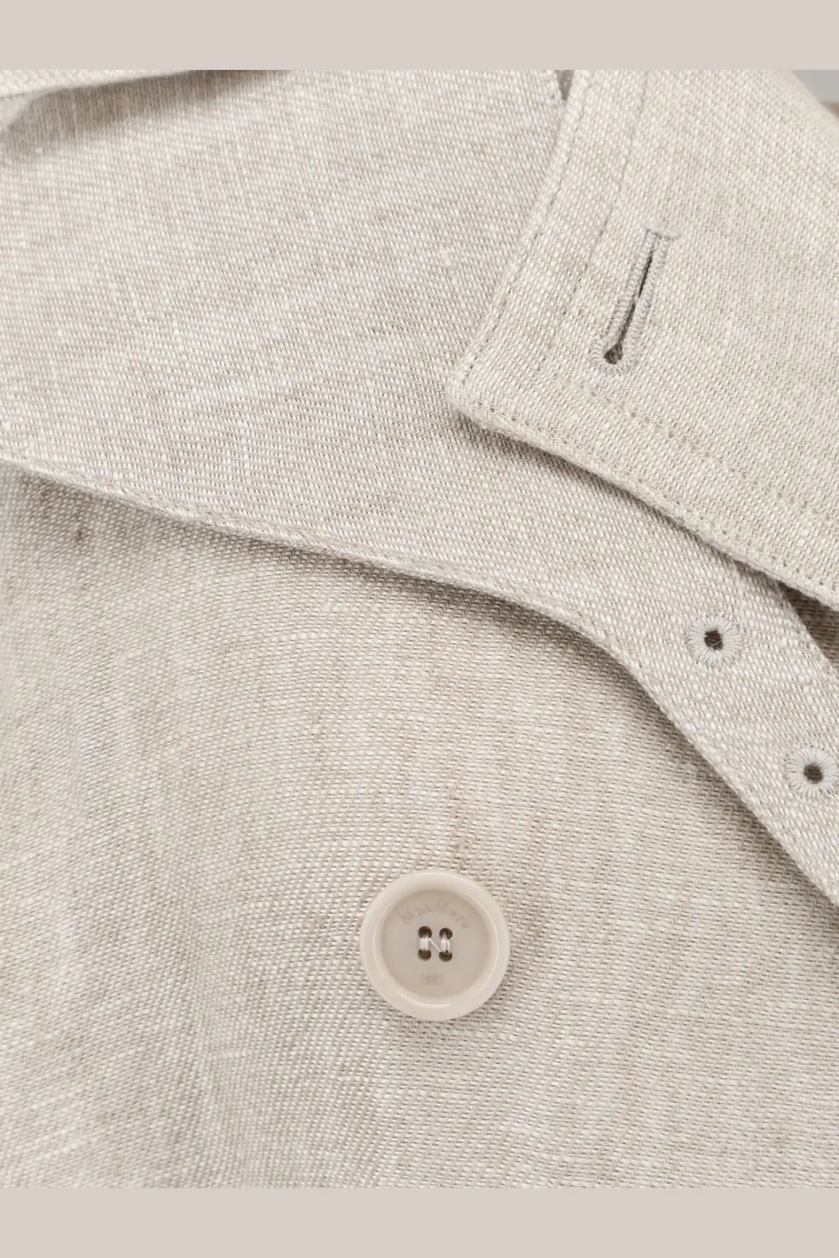Max mara women’s mxspedaggi beige linen trench featuring a light gray linen shirt with subtle texture and white collar button