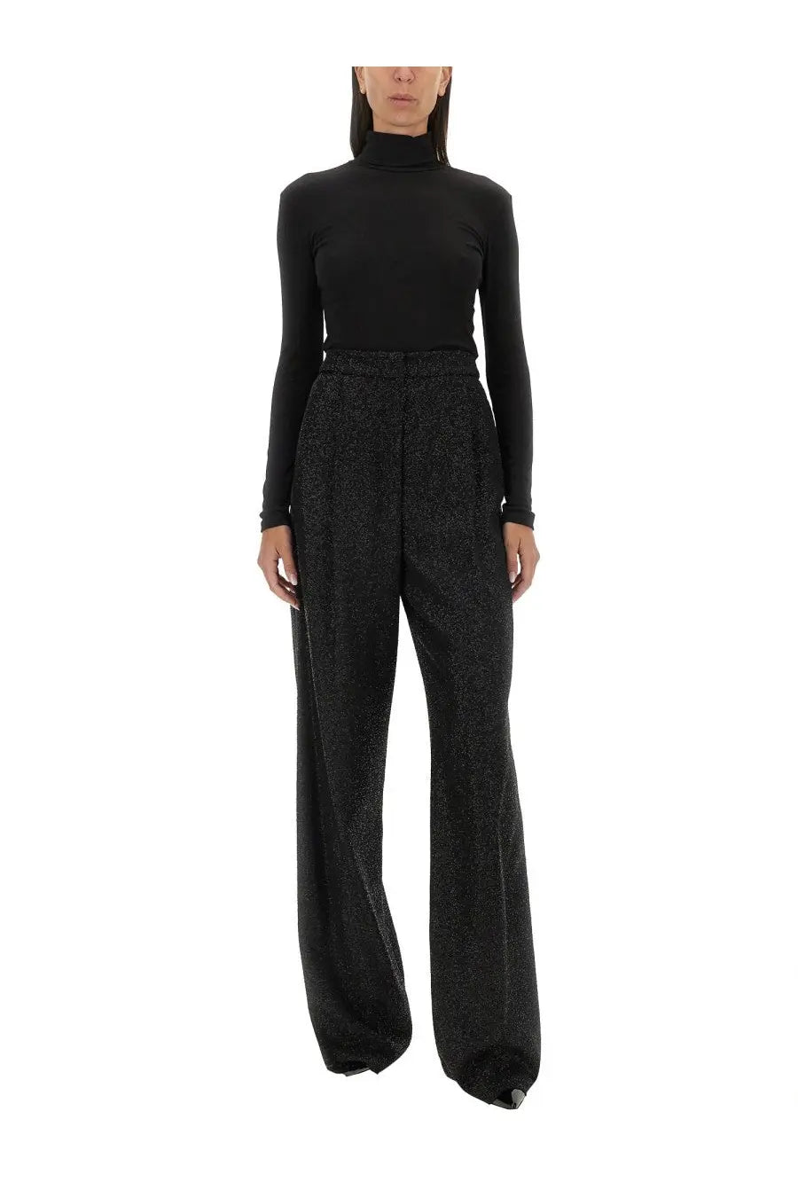 Black high-waisted wide-leg trousers by max mara with subtle textured pattern and tailored fit
