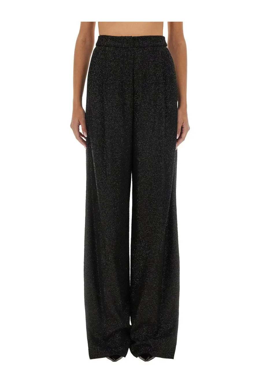Black wide-leg Max Mara women’s Navigli pants with subtle shimmering texture suitable for elegant occasions