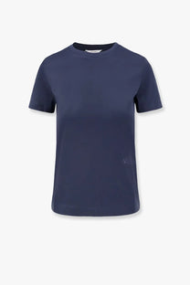Max mara women’s nerina navy blue short-sleeved cotton shirt with subtle embroidered logo on lower left side