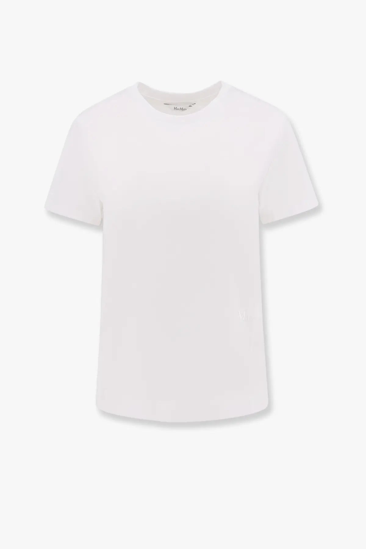 Max Mara women’s Nerina white cotton shirt with minimalist design crew neck and short sleeves visible front side