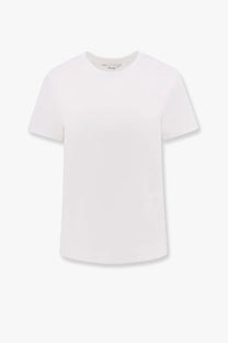 Max Mara women’s Nerina white cotton shirt with minimalist design crew neck and short sleeves visible front side