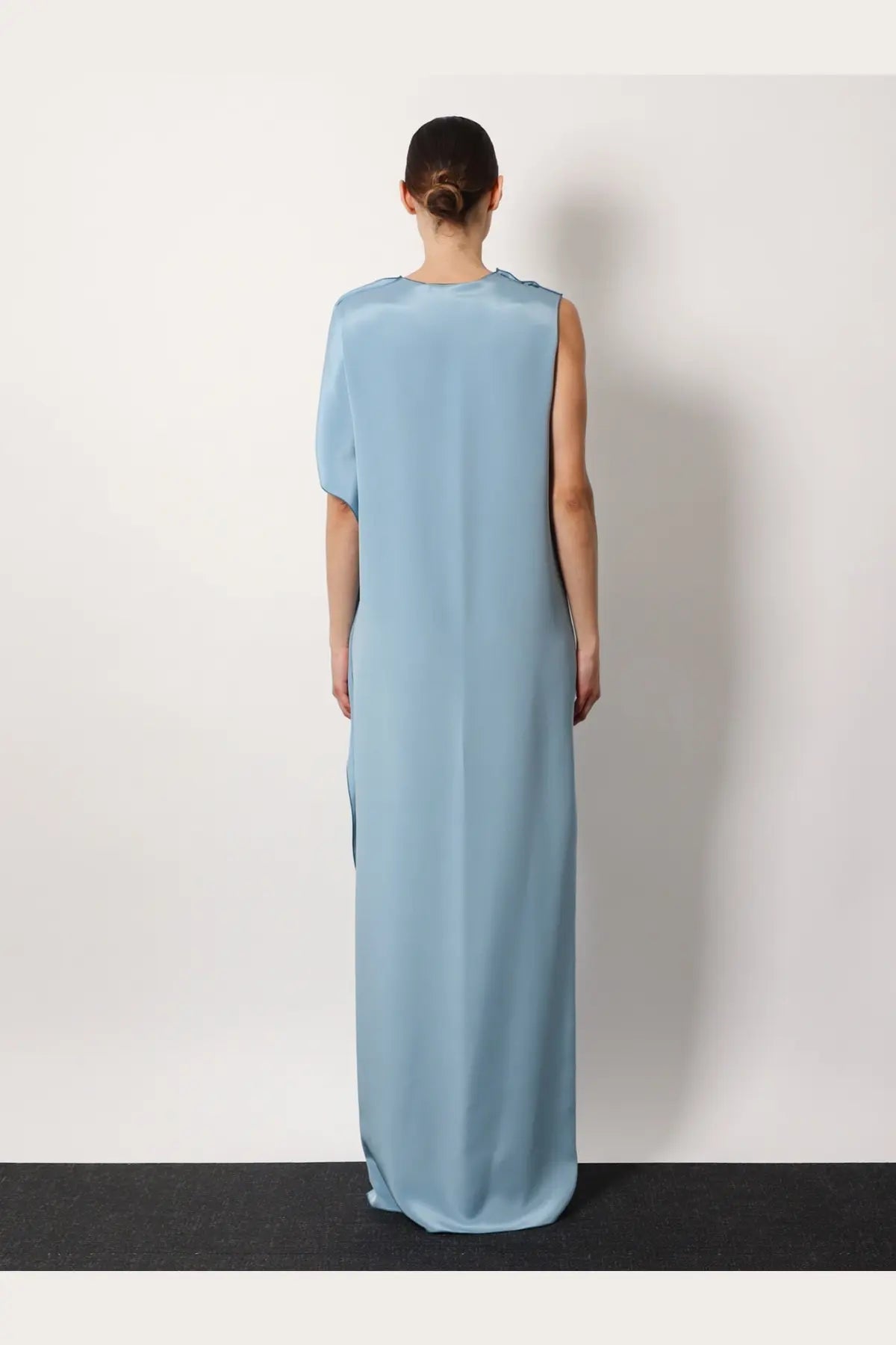 Max Mara women’s Odessa silk dress in light blue with a flowing sleeveless maxi design and subtle side slits