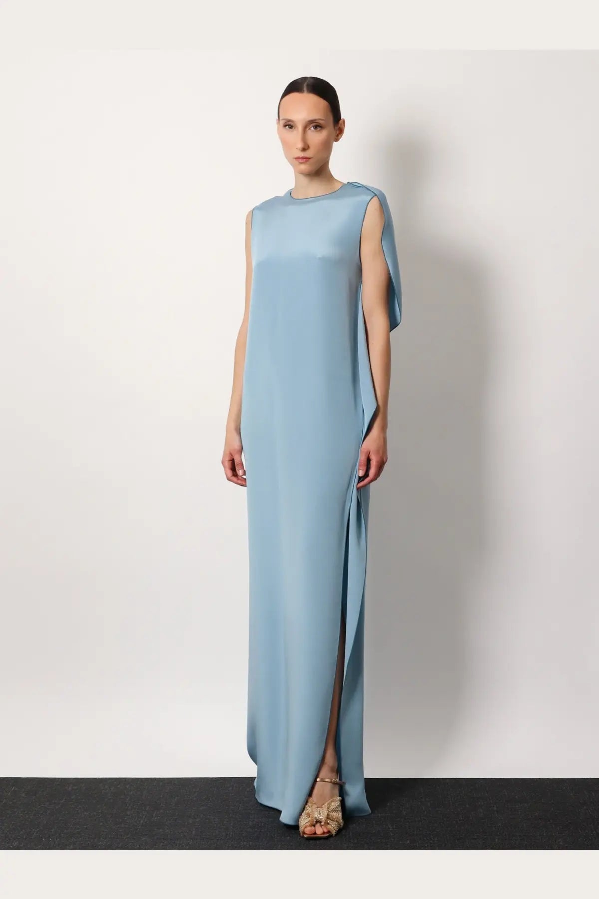 Max Mara women’s Odessa silk dress in light blue satin with a sleek high neckline and asymmetrical sleeveless design