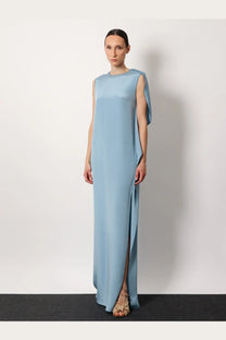 Max Mara women’s Odessa silk dress in light blue satin with a sleek high neckline and asymmetrical sleeveless design