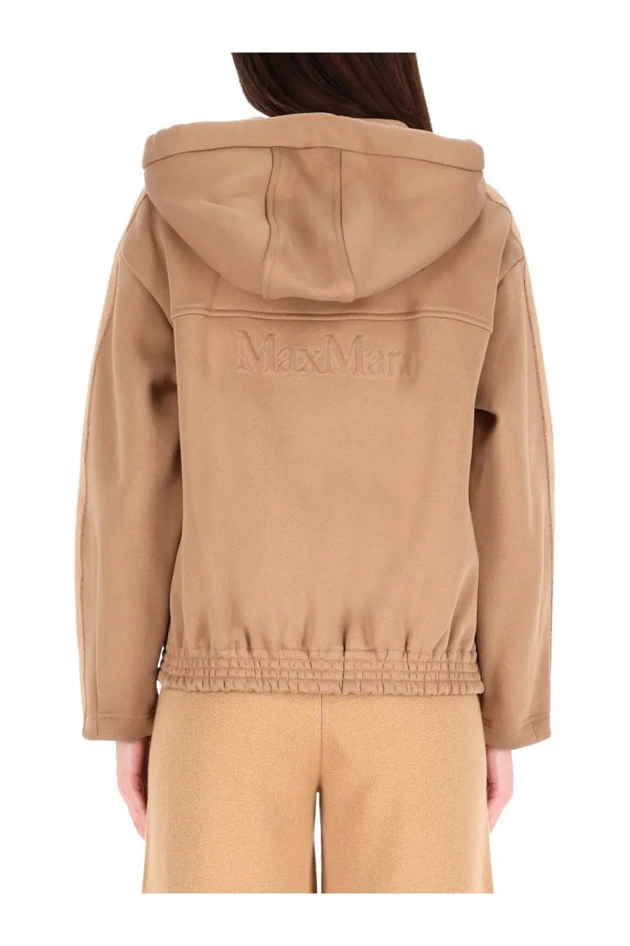 Beige max mara hooded jacket with embroidered branding and elasticated waistband shown from the back