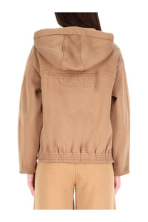 Beige max mara hooded jacket with embroidered branding and elasticated waistband shown from the back