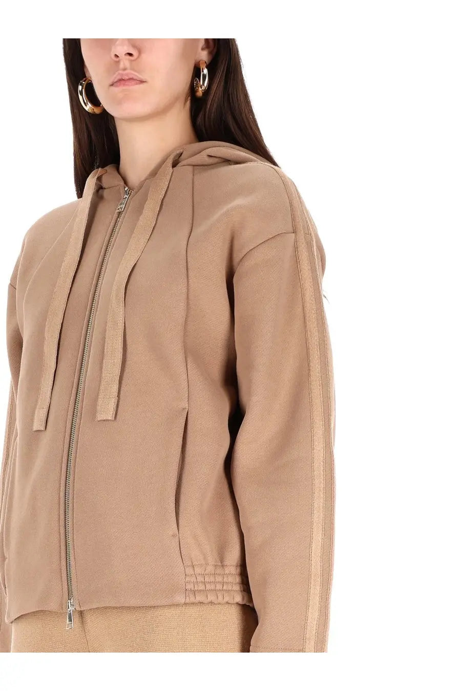 Max mara women’s omelia sweatshirt brown beige hooded zip-up jacket with ribbed cuffs hem and vertical seam detailing