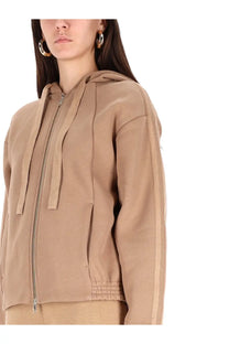 Max mara women’s omelia sweatshirt brown beige hooded zip-up jacket with ribbed cuffs hem and vertical seam detailing