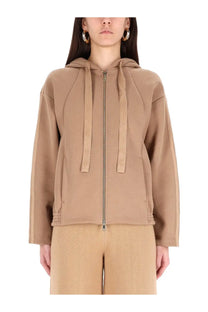 Max Mara women’s omelia sweatshirt brown beige zip-up hoodie with drawstring hood and ribbed cuffs