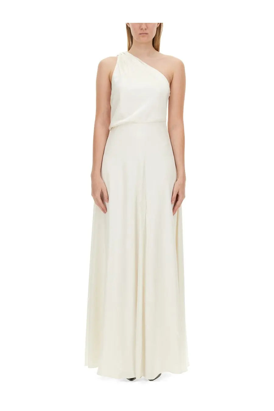 Max mara womens pamela dress white flowing off-shoulder ivory gown with sleek minimalist design front view