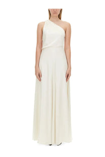 Max mara womens pamela dress white flowing off-shoulder ivory gown with sleek minimalist design front view