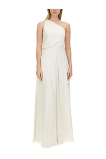 Max mara women’s pamela dress white flowing off the shoulder ivory satin gown with sleek minimalist design