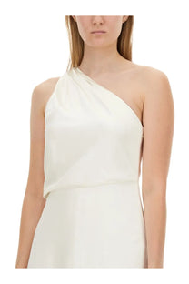 Max Mara women’s Pamela dress white is a sleek off-white satin one-shoulder dress with a draped neckline and flowing fabric