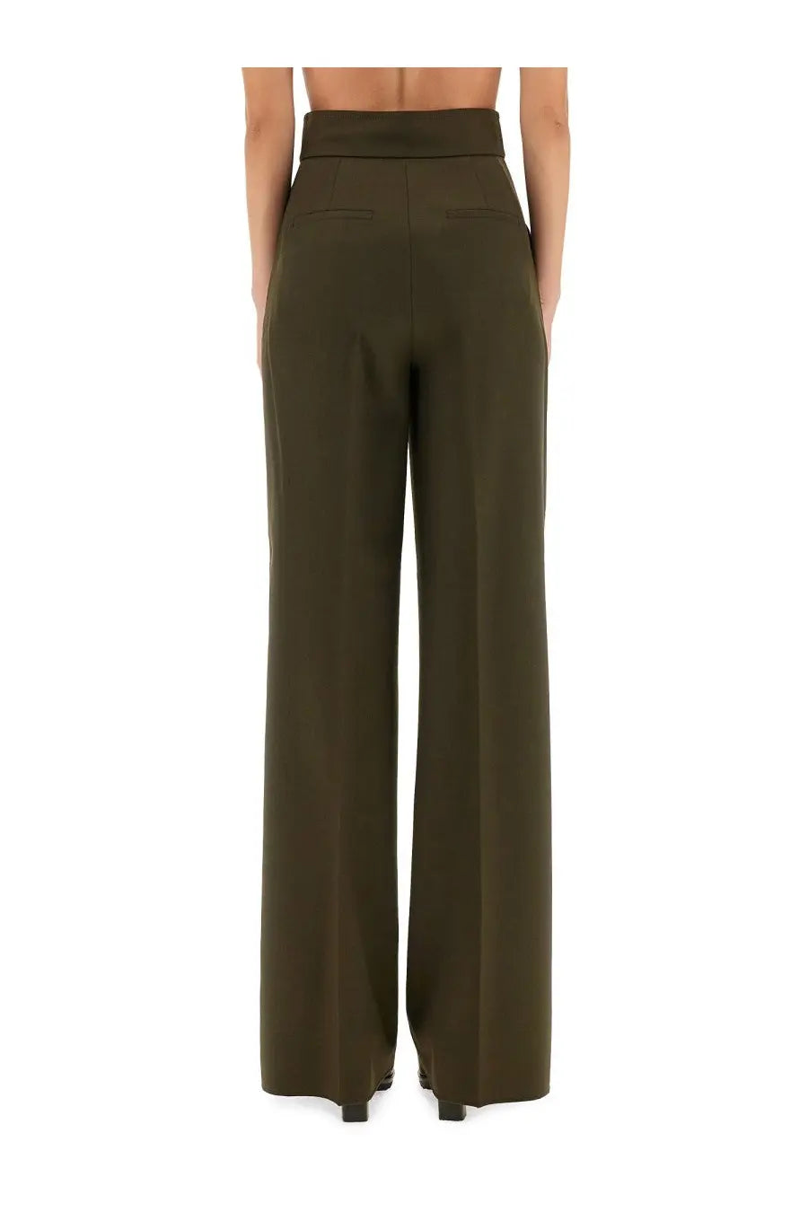 Max mara women’s olive green high-waisted wide-leg trousers with sleek tailored fit perfect for formal wear