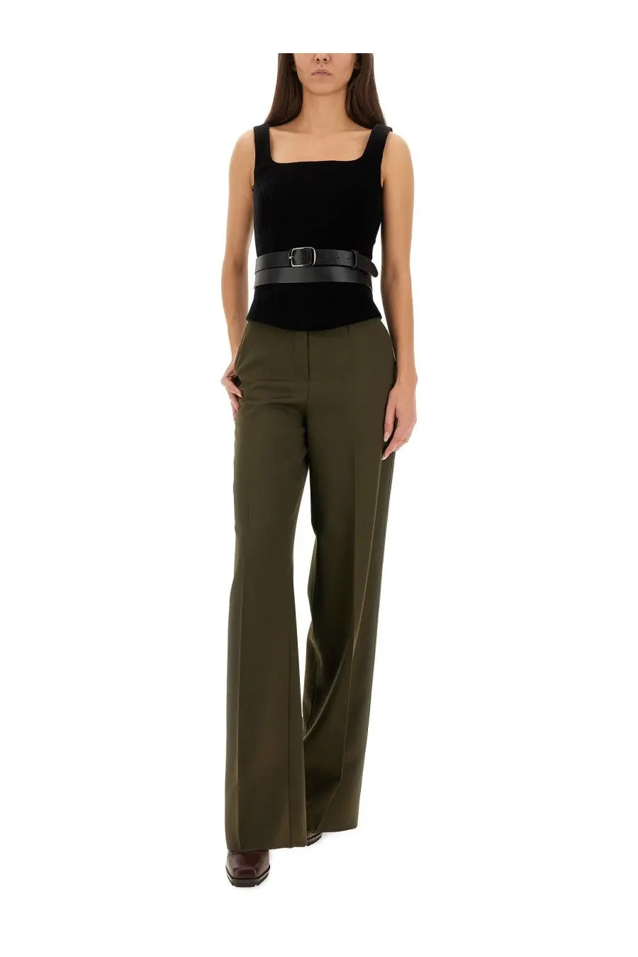 Max Mara women’s olive green wide-leg trousers Arturo1234 with tailored fit and black belt accent
