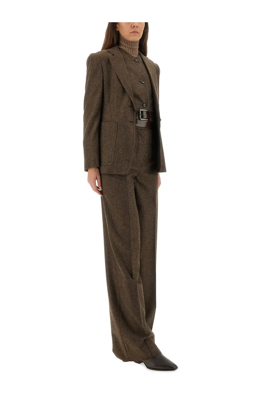 Max mara women’s brown pants billy1234 made of textured wool with subtle pattern and matching belt