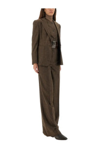 Max mara women’s brown pants billy1234 made of textured wool with subtle pattern and matching belt