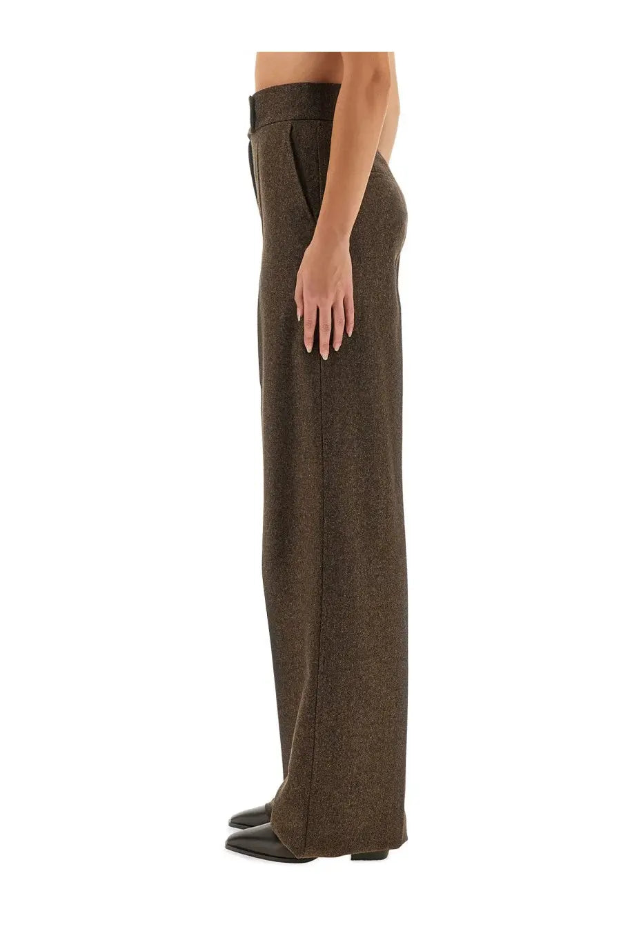 Max Mara women’s brown wide-leg trousers with textured subtly patterned fabric and high waistband