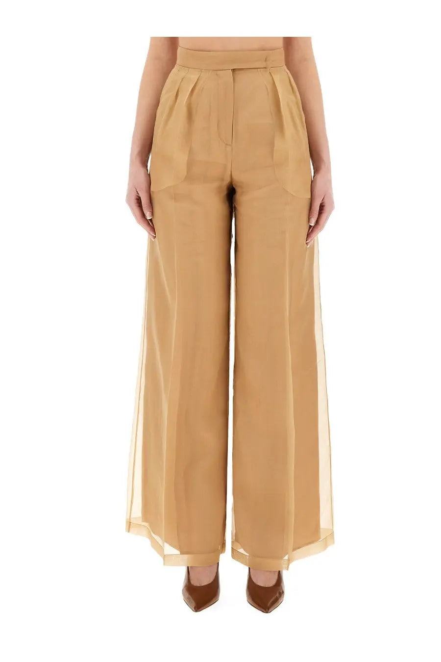 Max mara women’s tan high-waisted wide-leg pants with sheer overlay and pleated front detailing