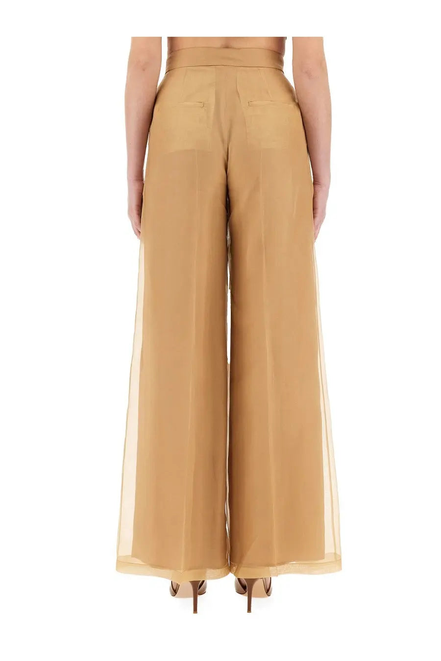 Max mara womens tan wide-leg pants danila beige with sheer overlay and back pockets shown from the back side