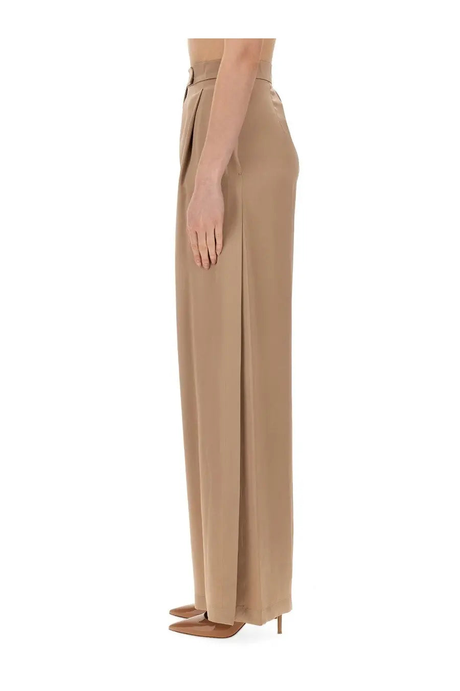 Max Mara women’s beige high-waisted wide-leg pants with a satin-like finish and subtle front pleats