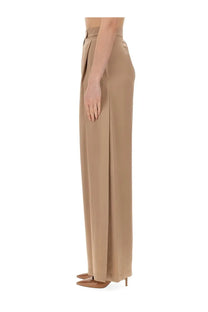 Max Mara women’s beige high-waisted wide-leg pants with a satin-like finish and subtle front pleats