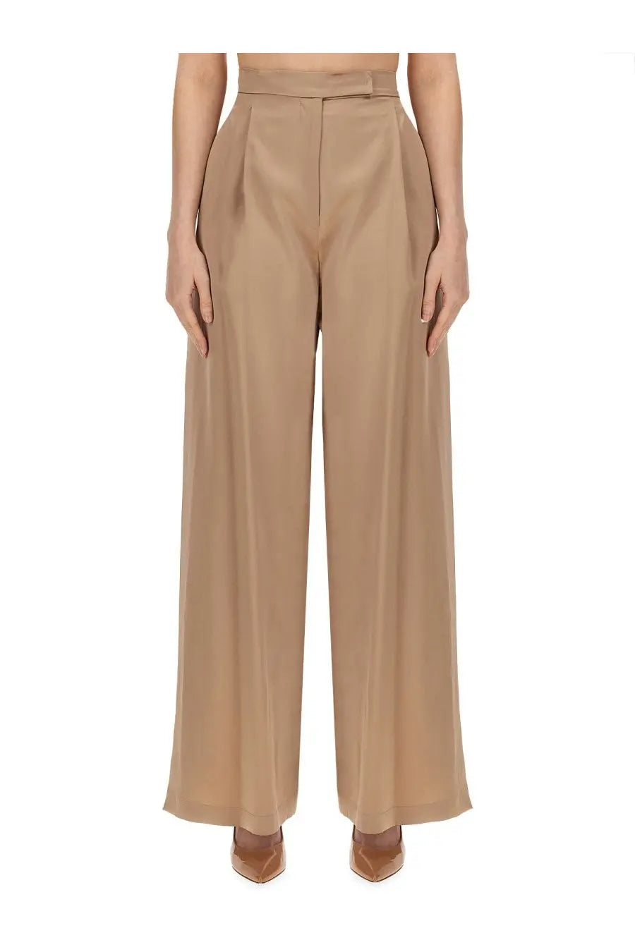 Beige high-waisted wide-leg pants with satin finish and structured pleats from max mara womens pants fiesta piano