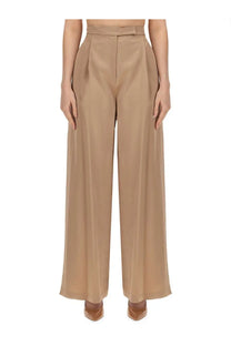 Beige high-waisted wide-leg pants with satin finish and structured pleats from max mara womens pants fiesta piano