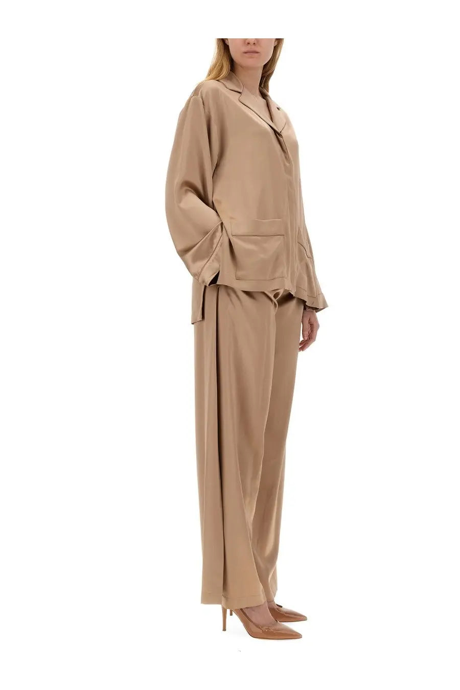 Beige satin pajama set with relaxed fit long sleeves and wide-leg trousers from max mara womens pants fiesta piano beige