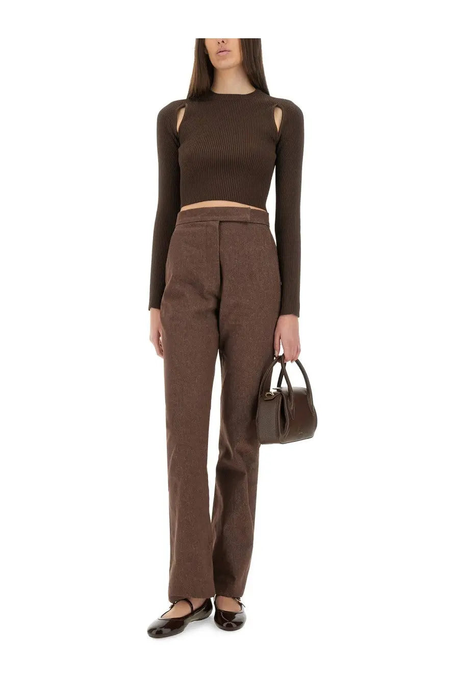 Brown ribbed knit crop top with cut-out shoulders paired with Max Mara women’s Galicia brown pants
