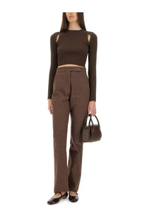 Brown ribbed knit crop top with cut-out shoulders paired with Max Mara women’s Galicia brown pants